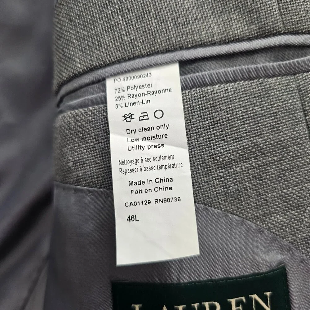Ralph Lauren 46L Gray Solid 2-Button Sport Coat Blazer Jacket G636